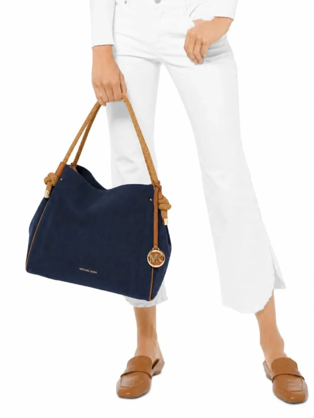 MICHAEL KORS ISLA Canvas Tote NAVY with Rope Handles and MK Charm